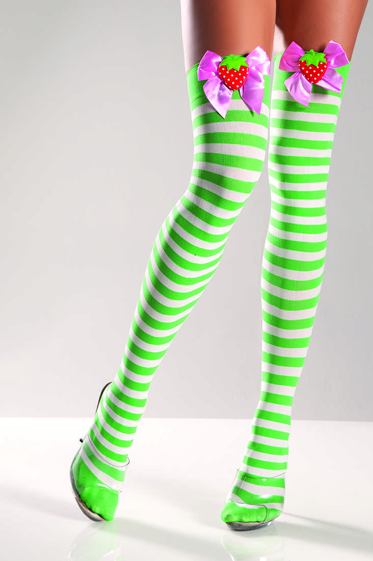 Green White Strawberry Bow Striped Thigh Highs