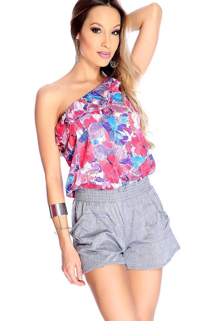 Sexy Pink Blue Flower Print Off One Shoulder Romper