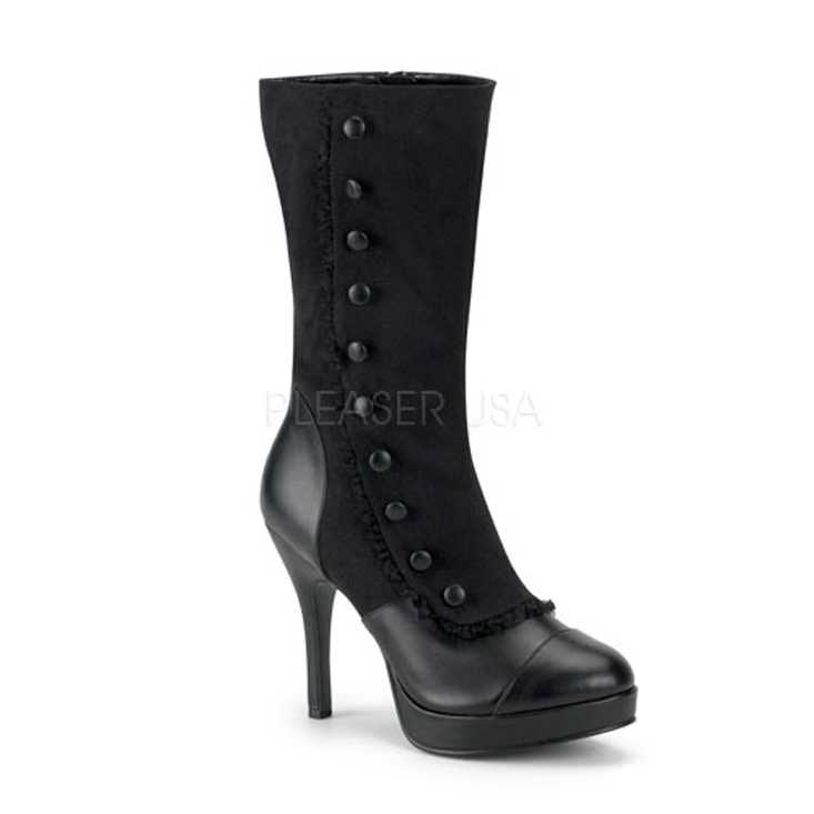 Black Microfiber Faux Leather Ruffle Button Boots
