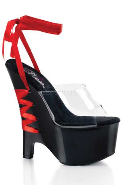 Clear Black Corset Style Lace Up Wedges