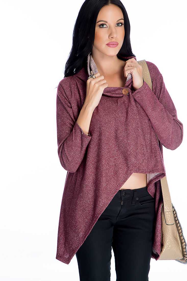 Wine Button Closure Long Sleeve High Low Sweater