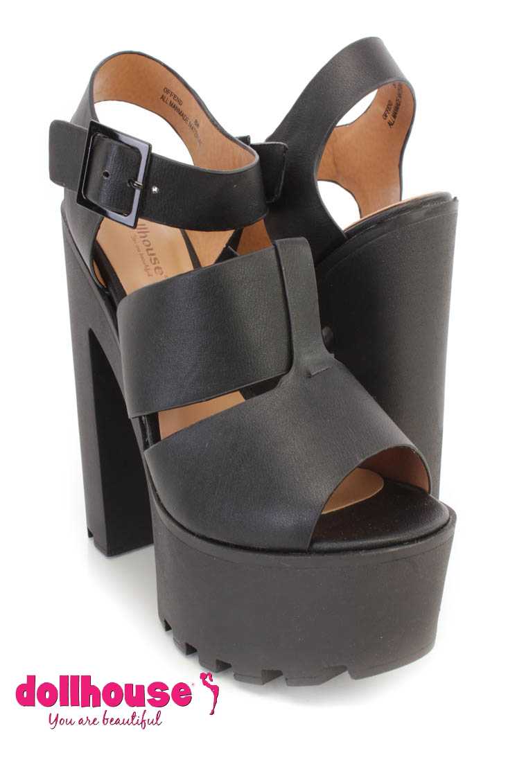 Black Peep Toe Platform Chunky 6 Inch High Heels Faux Leather