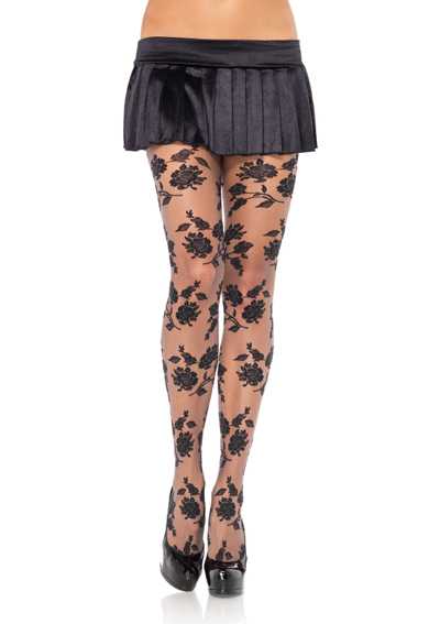 Grey Black Sheer Contrast Woven Floral Pantyhose Hosiery