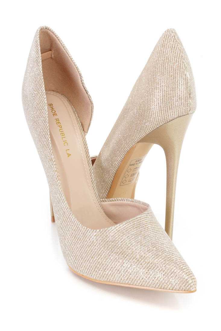 Gold Pointy Toe D-Orsay Pump Heels Shimmer Fabric