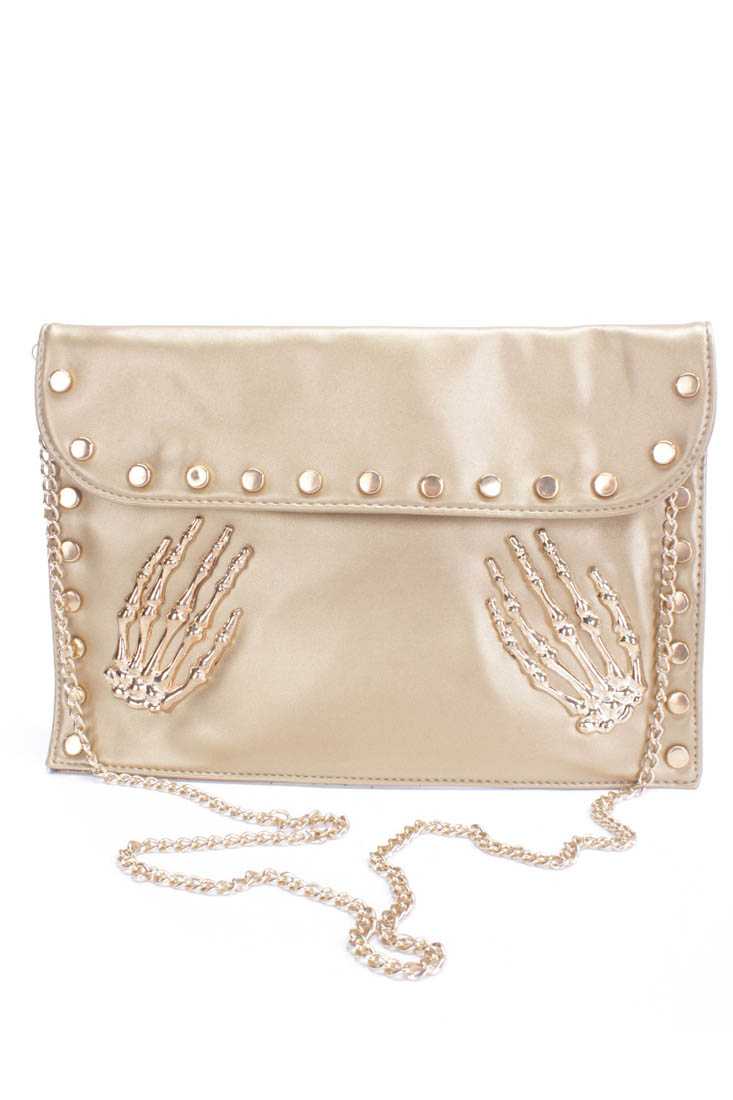 Gold Studded Decor Hand Skull Accent Clutch Handbag