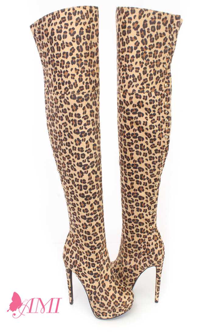 Leopard Print Thigh High Heel Boots Faux Suede