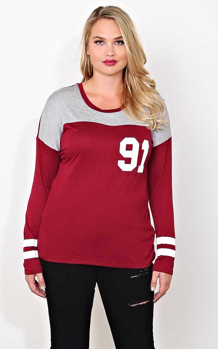 Plus Size 91 Knit Football Tee - Wine Combo in Size 1X by Styles For Less