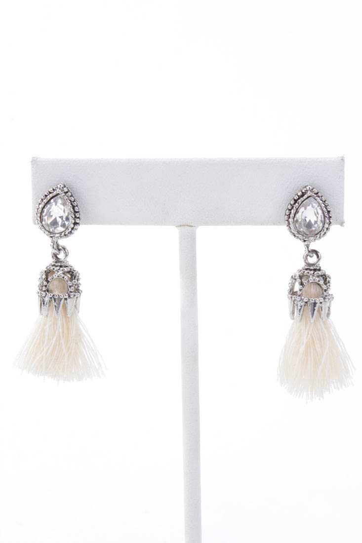 Cream High Polish Intricate Faceted Beaded Tassel Earrings