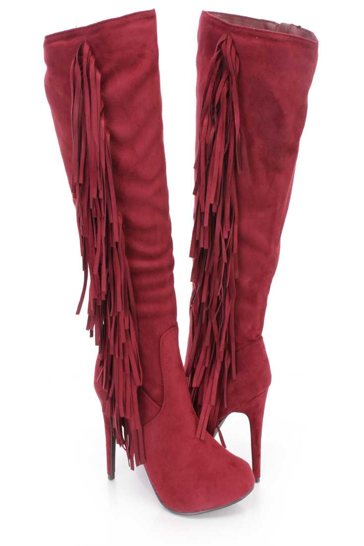 Berry Side Fringe Knee High Boots Faux Suede