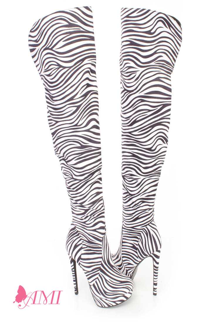 Zebra Thigh High Platform High Heel Boots Faux Suede