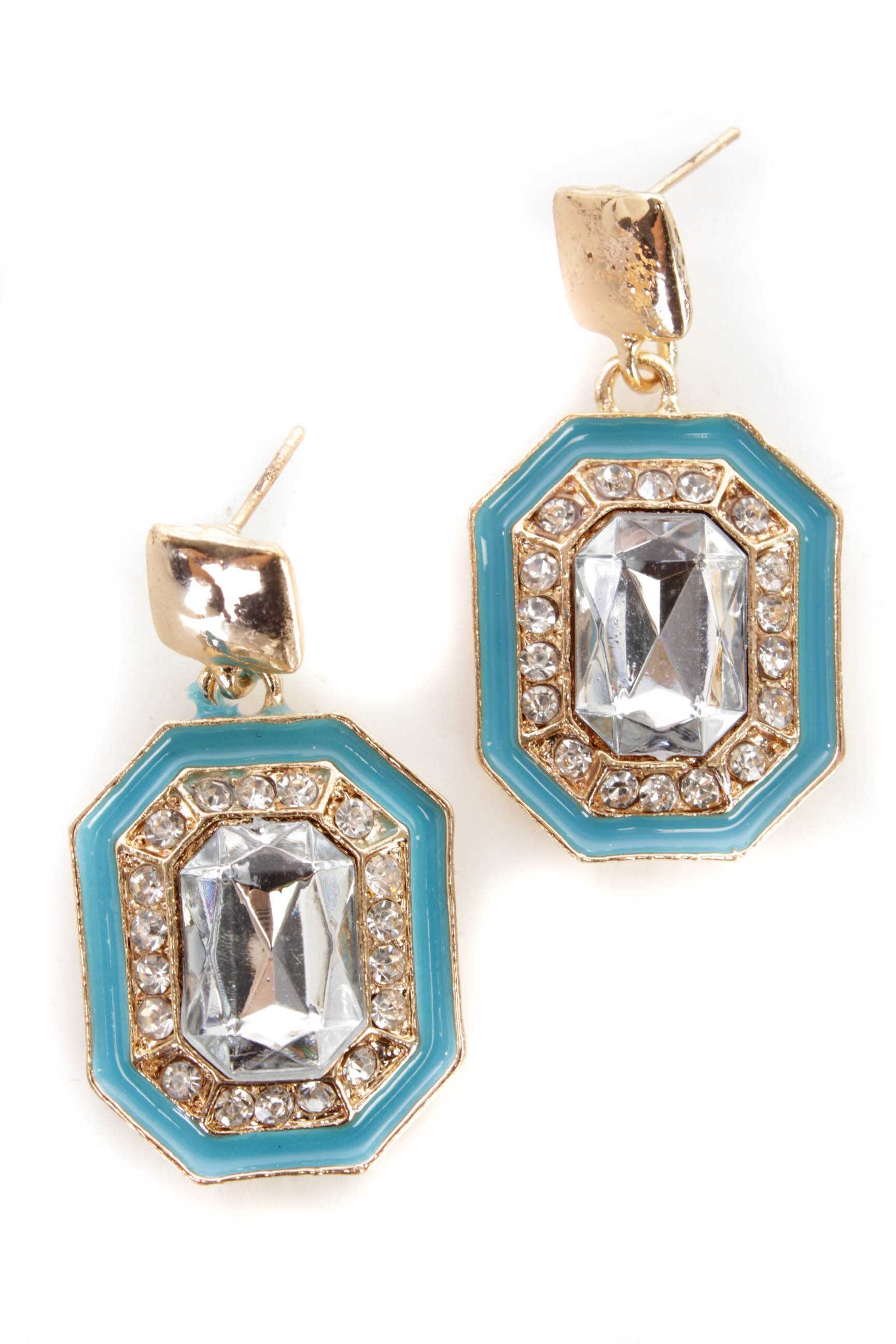 Turquoise Gold Rhinestone Accent Dangle High Polish Metal Earrings
