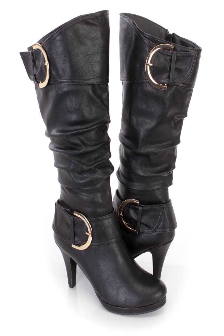 Black Slouchy Buckled High Heel Boots Faux Leather