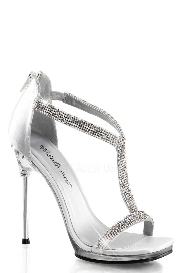 Silver Satin Rhinestone T Strap Sandal High Heels