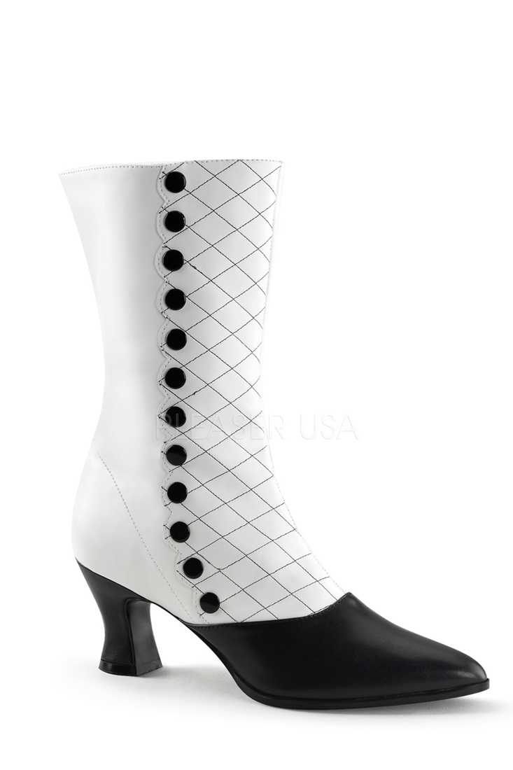 White Black Two Tone Mid Calf Boots Faux Leather