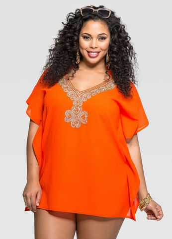 Tangerine Embellished Neck Cover-Up