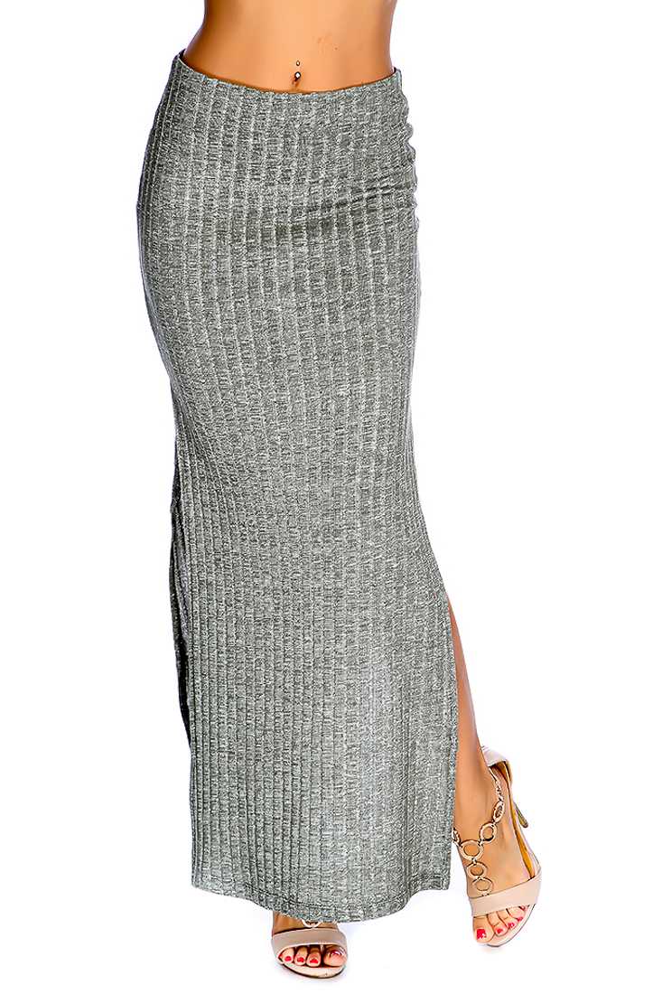 Olive Double Side Slit Ribbed Casual Maxi Skirt