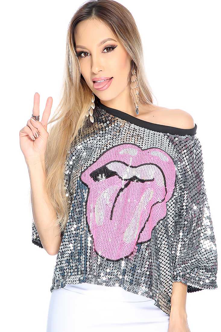 Silver Short Sleeve Sequin Design Casual Top