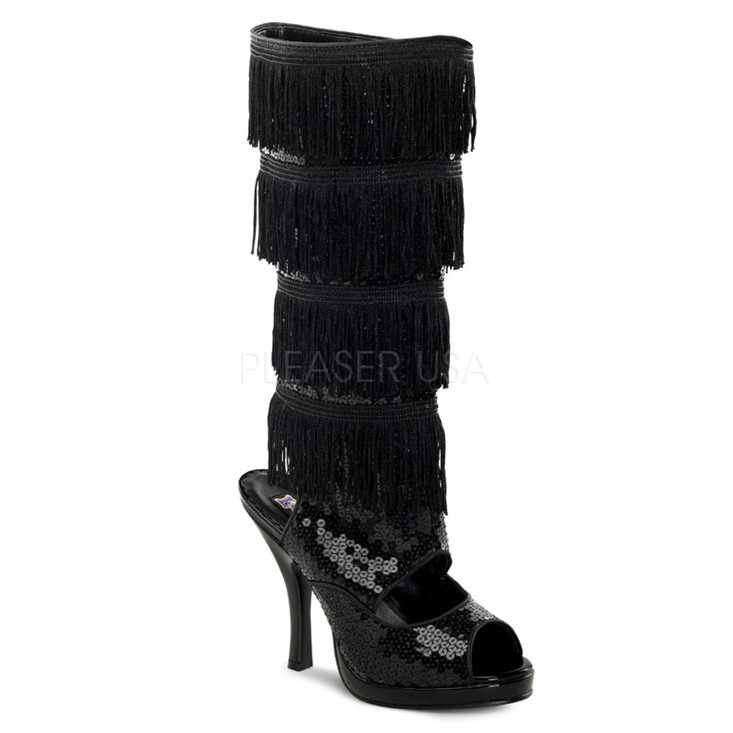 Black Sequin Sexy Cut Out Fringe Knee Boots