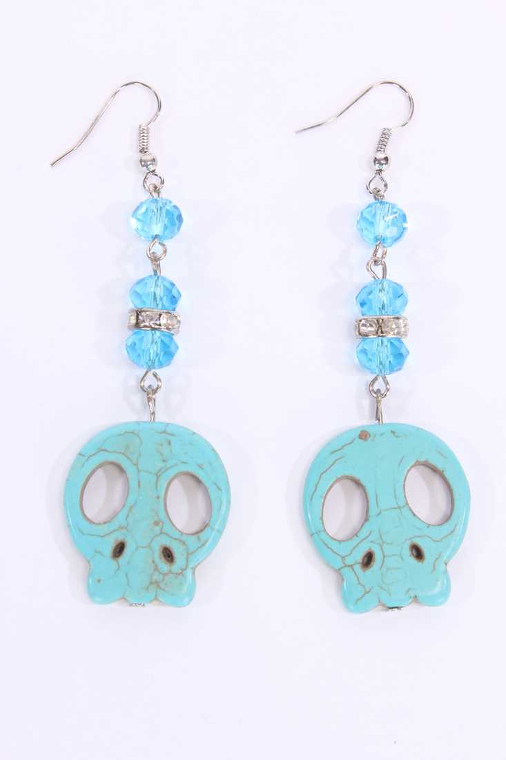 Baby Blue Faceted Beaded Skull Pendant Earrings