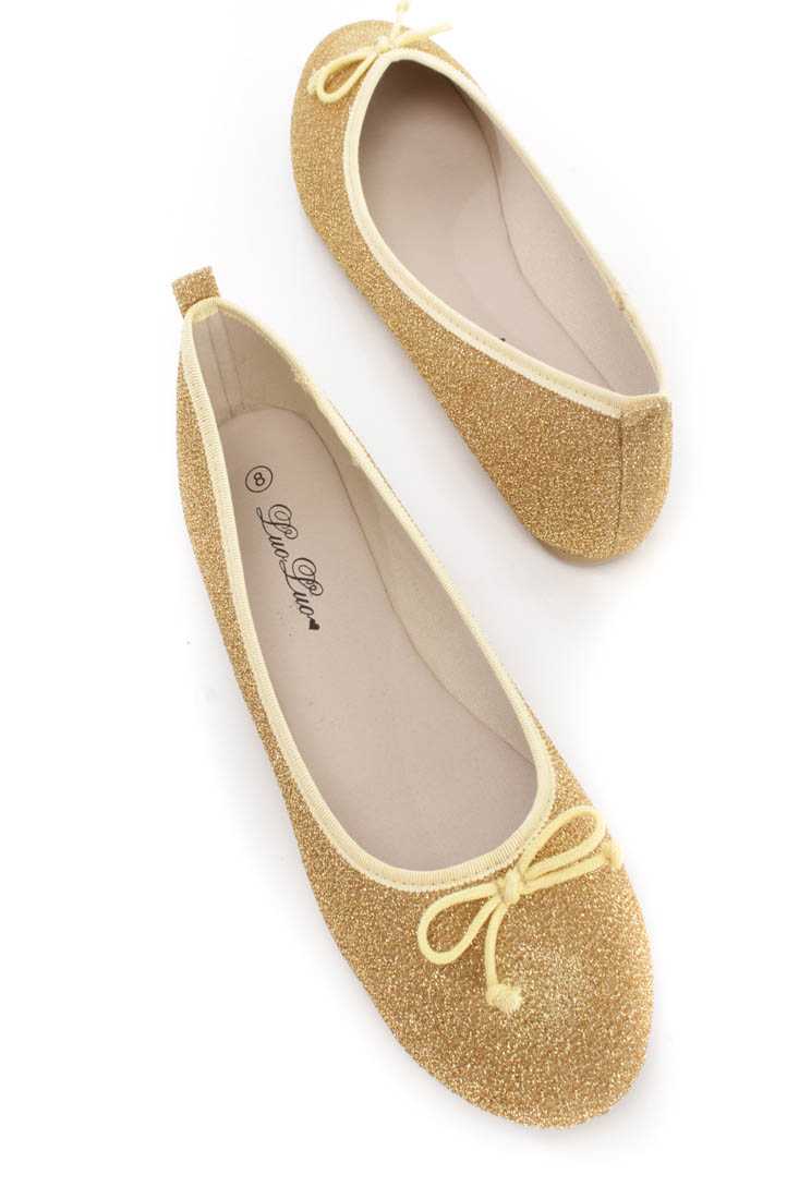 Gold Bow Tie Closed Toe Ballet Flats Shimmer Fabric