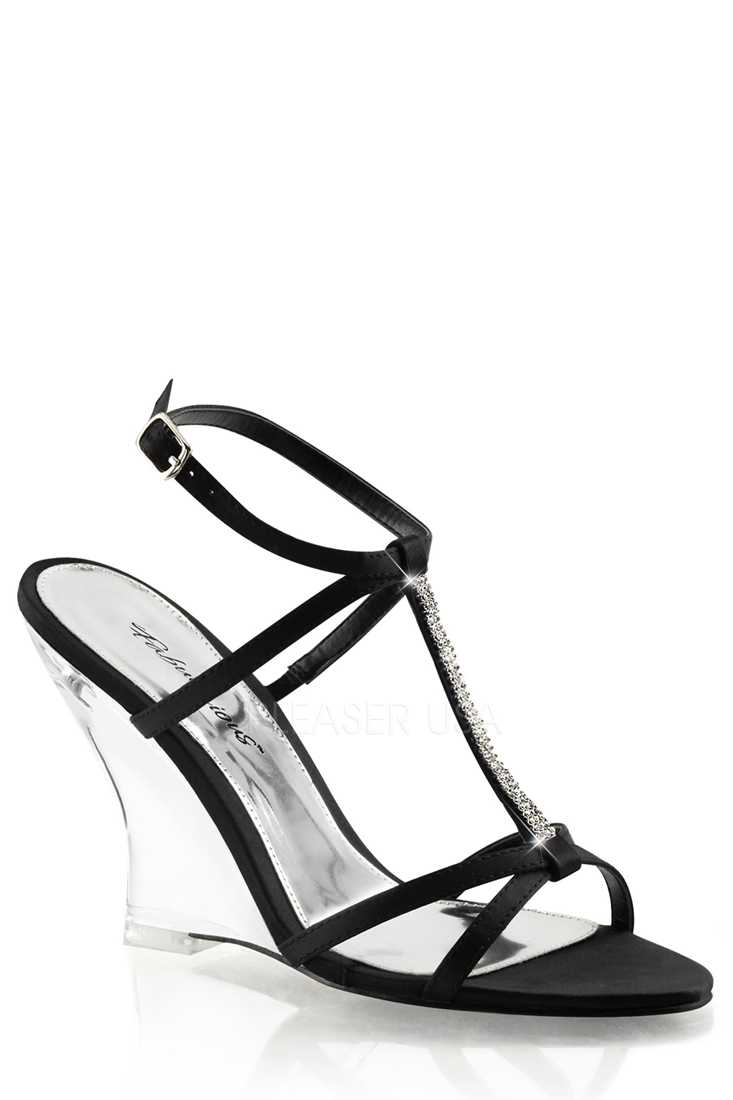 Black Rhinestone T Strap Wedges Satin