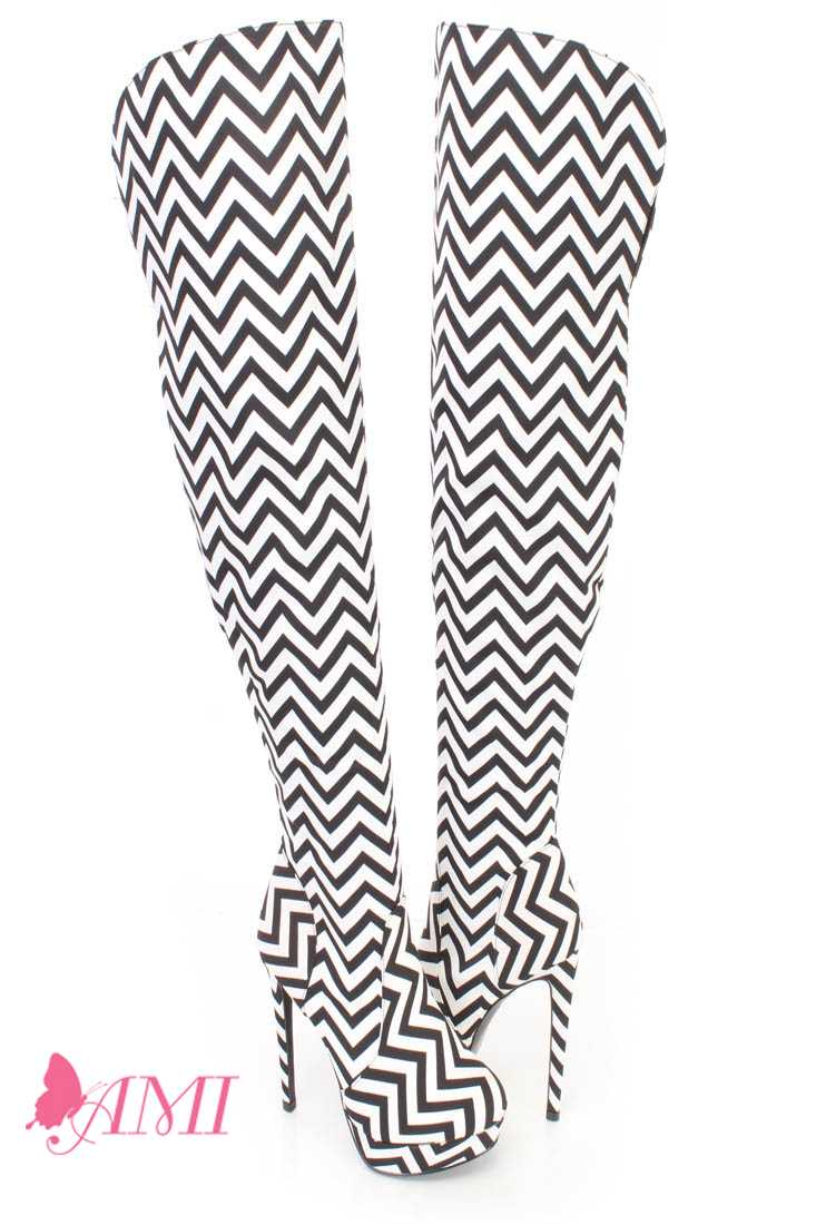 Black White Chevron Thigh High Platform High Heel Boots Fabric