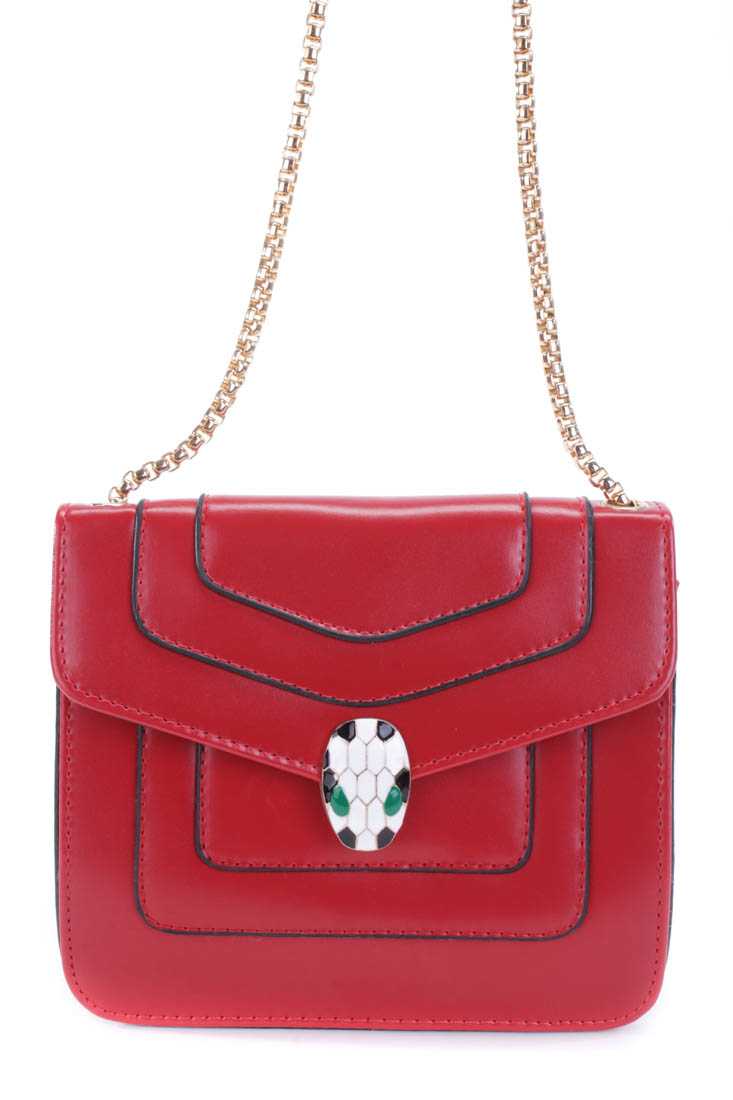 Red Pendant Chain Link Strap Faux Leather Handbag