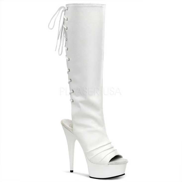 White Faux Leather Lace Up Peep Toe Knee High Boots