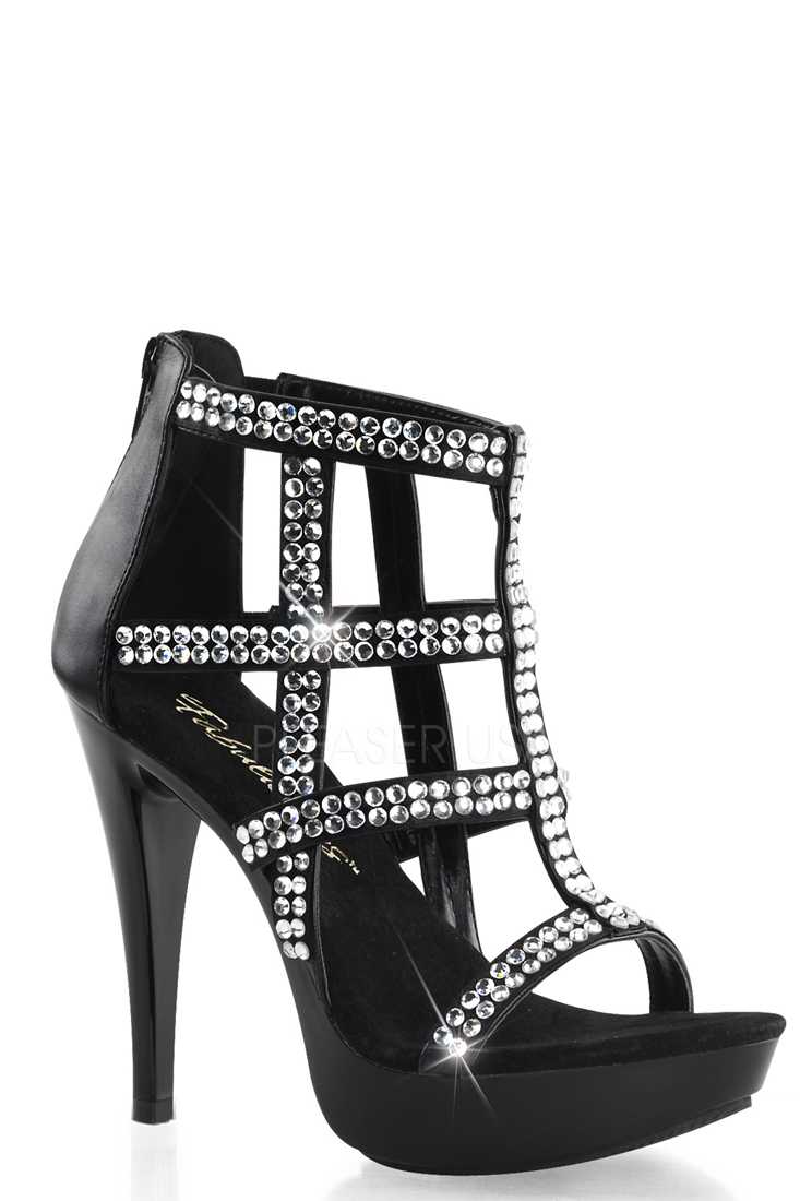 Black Rhinestone Caged Bootie High Heels Faux Leather