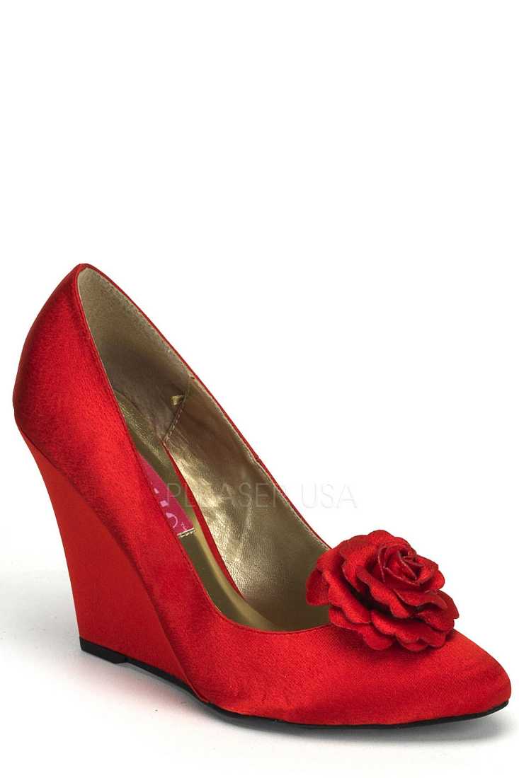Red Floral Bud Single Sole Wedges Satin
