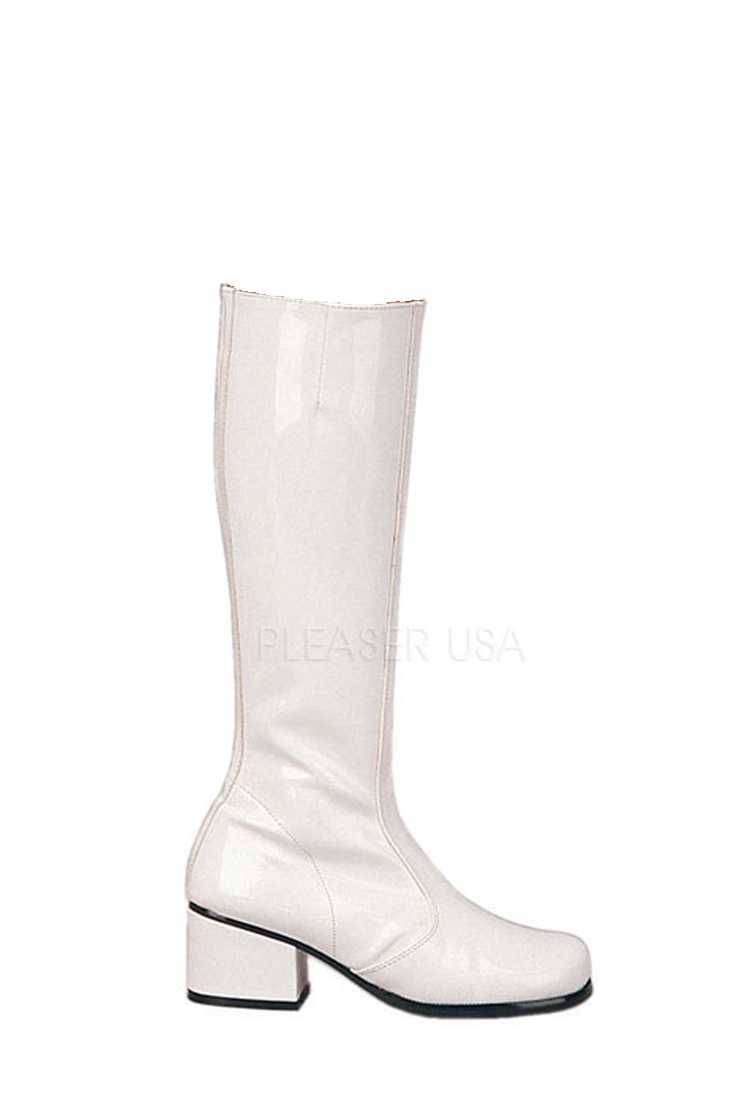 White Chunky Heel GoGo Boots Patent Faux Leather