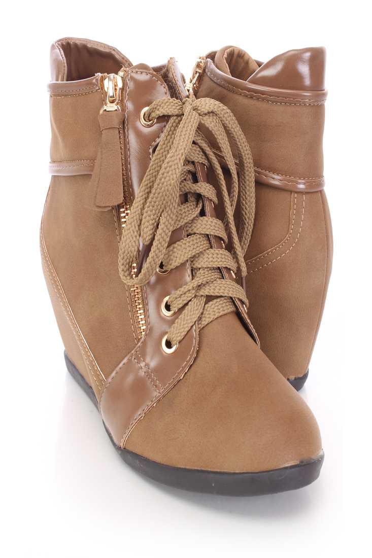 Khaki Zipper Detailed Lace Up Sneaker Wedges Faux Leather