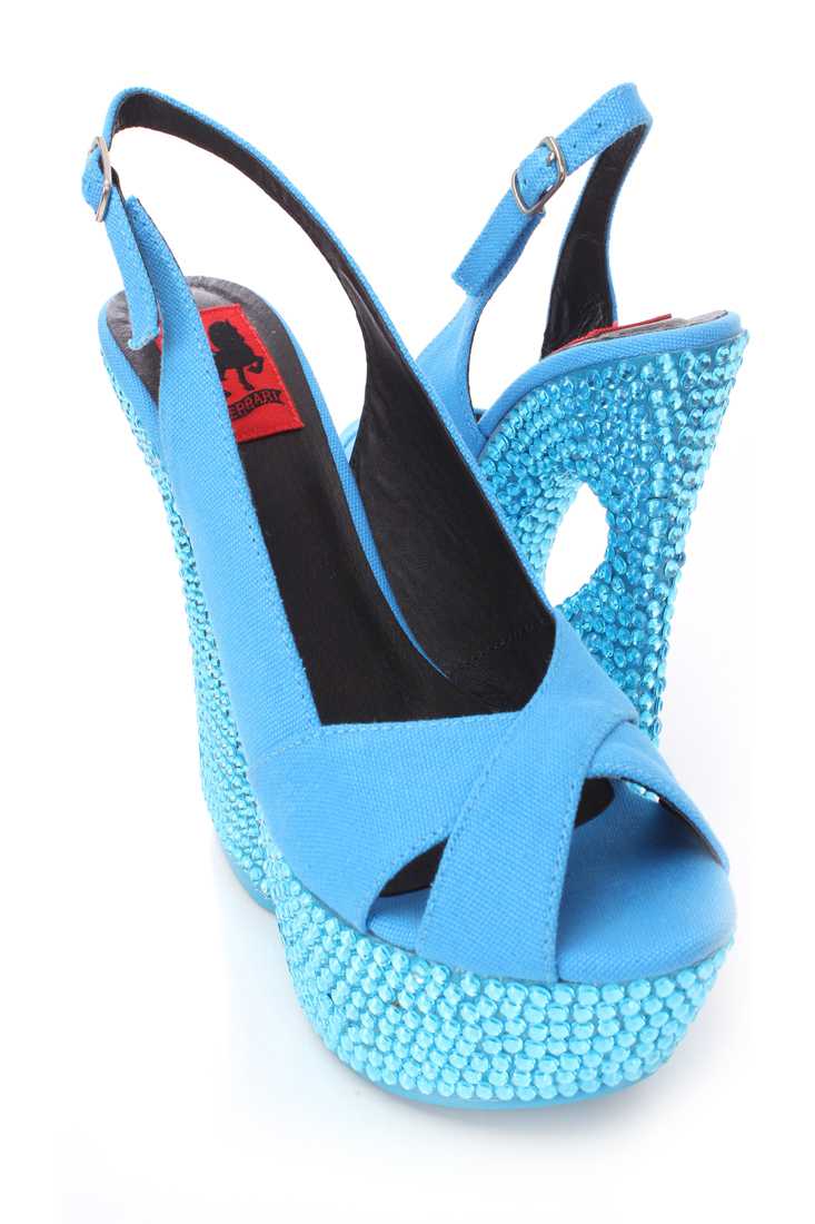 Blue Slingback Rhinestone Wedges Canvas