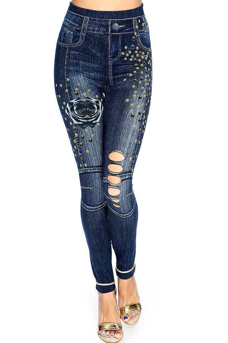Navy Yellow Floral Print Perforated Jeggings