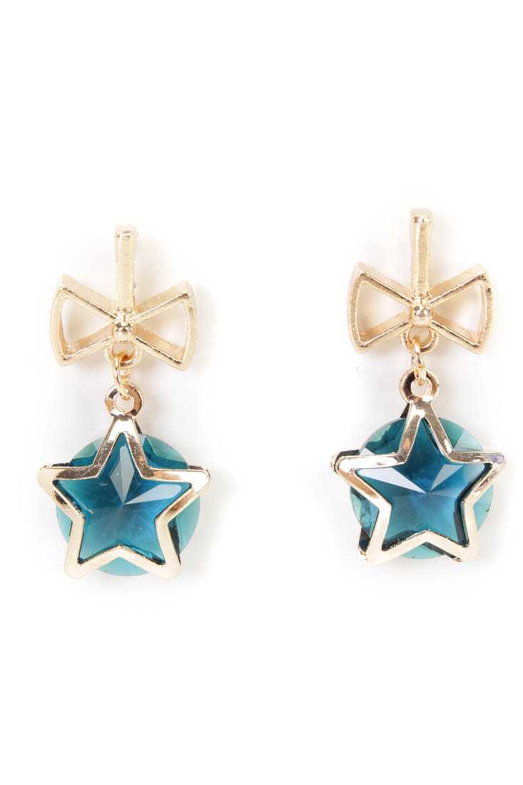 Teal Gold High Polish Star Beaded Bow Earrings