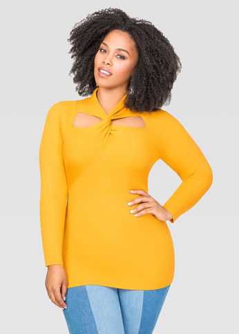 Fitted Ribbed Twist Neck Sweater
