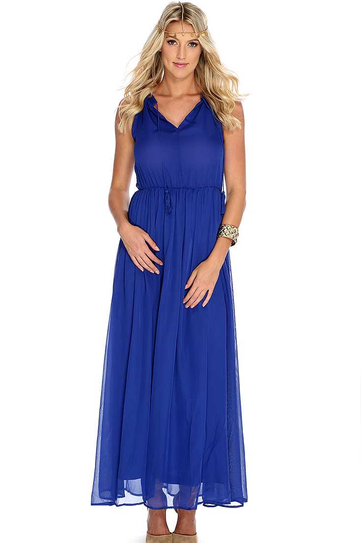 Royal Blue Sheer Overlay Sleeveless Maxi Dress