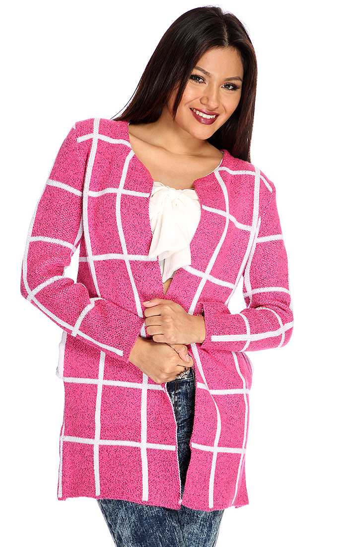 Fuchsia Checker Pattern Open Front Outerwear