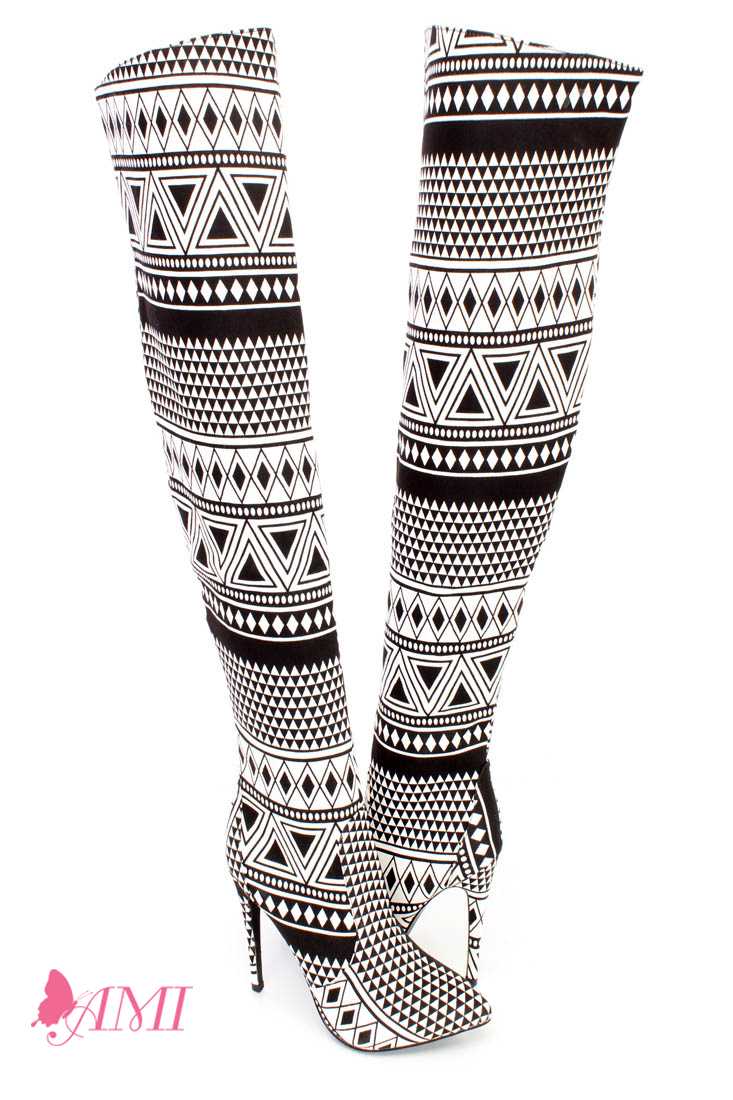 Black White Tribal Print Single Sole Thigh High Heel Boots Fabric