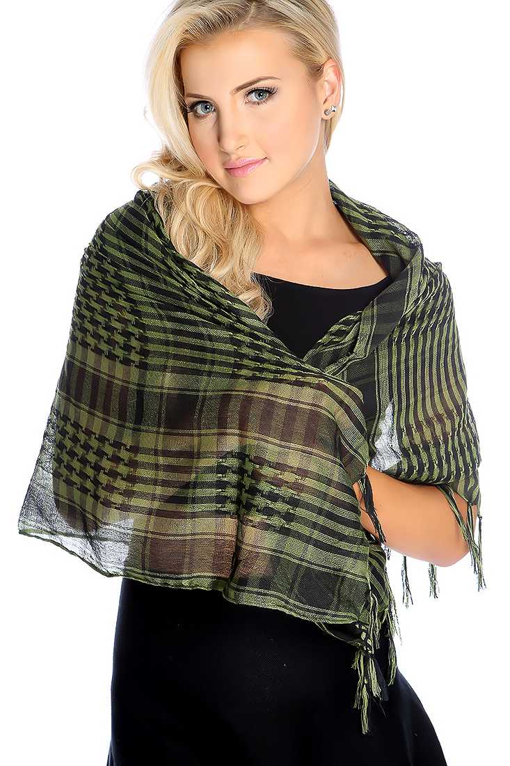 Green Black Two Tone Houndstooth Fringe Accent Scarf
