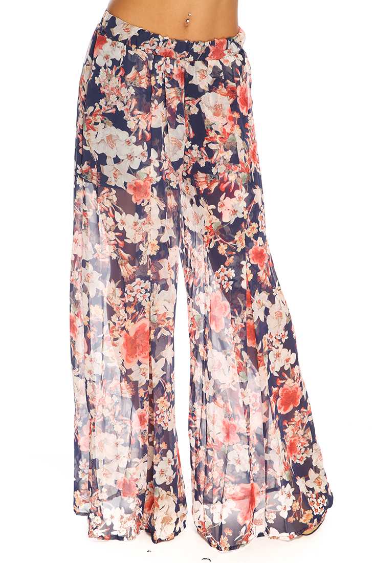 Navy Floral Print Pattern Cute Casual Summer Palazzo Pants