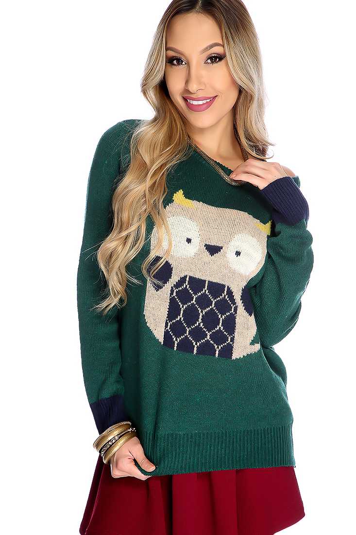 Forest Green Long Sleeve Knitted Owl Casual Sweater Top
