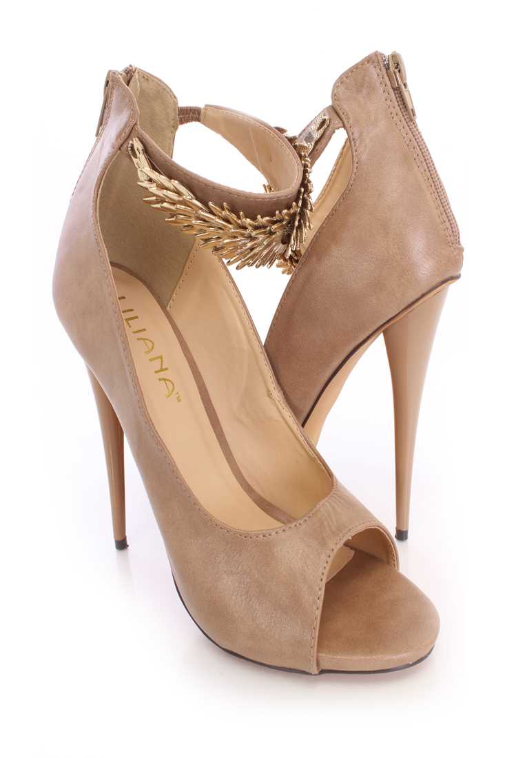 Taupe Open Toe Single Sole High Heels Faux Leather