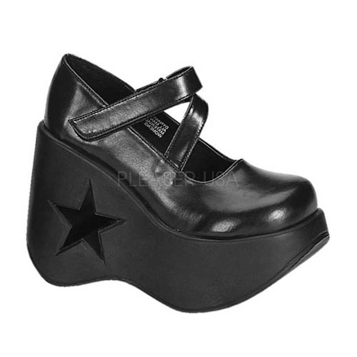 Black Strappy Star Cut Out Wedges Faux Leather