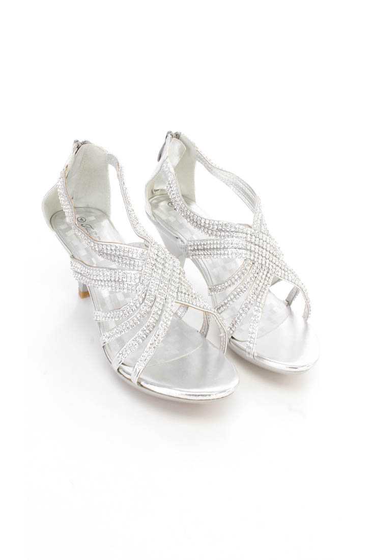 Silver Rhinestone Strappy Kids Heels Faux Leather