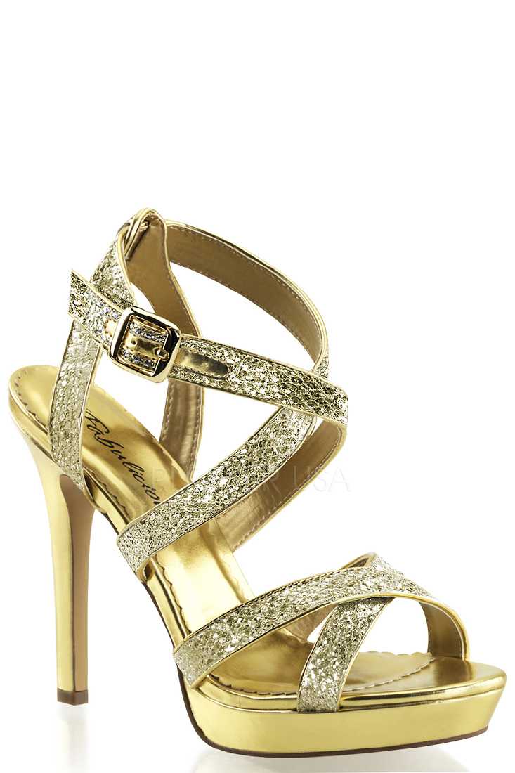 Gold Criss Cross Strappy High Heels Glitter