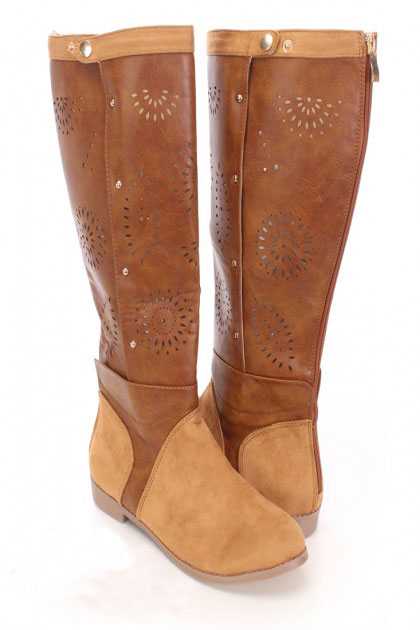 Camel Perforated Mid Calf Boots Faux Leather