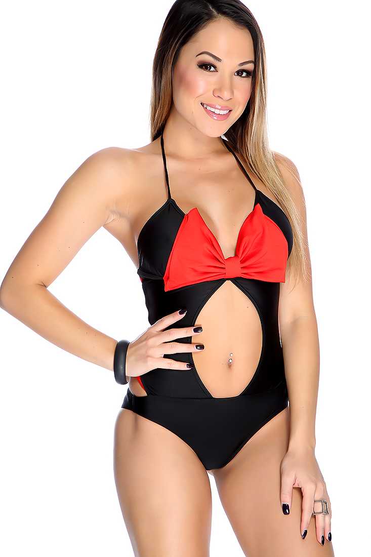 Sexy Black Red Cut Out Strappy Bow Halter Monokini