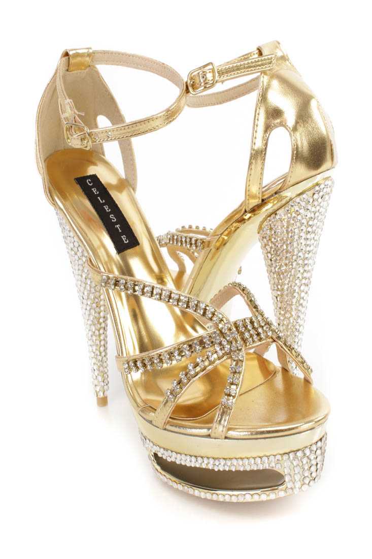 Gold Rhinestone Strappy Platform 6 Inch High Heels Faux Leather