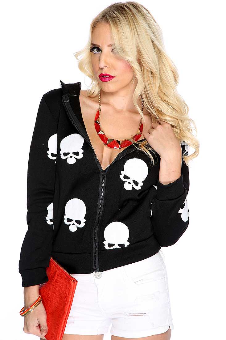 Black Skull Print Zip Hooded Sweater